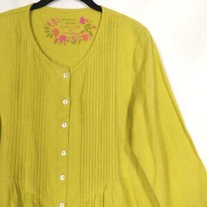Gudrun Sjoden 100% LINEN Green Tunic Top Blouse Shirt MEDIUM Boxy Pleated Button